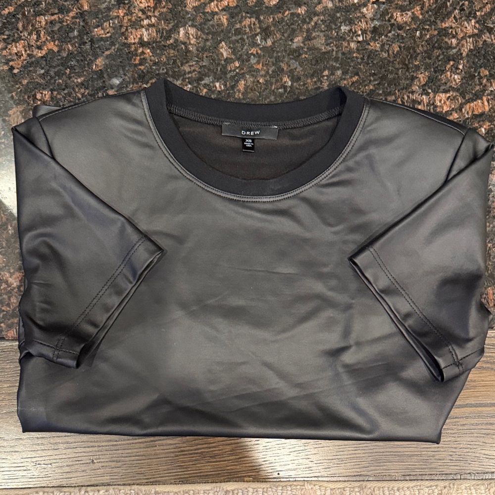 DREW Black Short Sleeve Faux Leather Top